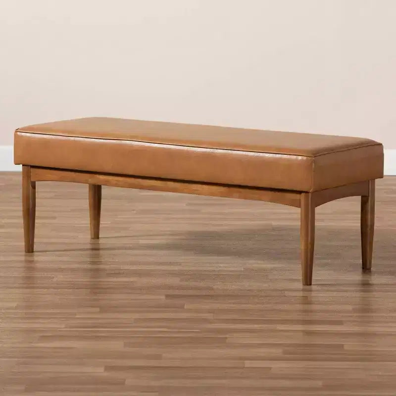 Banco de comedor de madera tapizado en piel sintética de mediados de siglo Nogal/Marrón