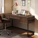 Escritorio Brandt Rústico Marrón Natural Envejecido: Muebles de Oficina con Herrajes de Bronce, Contrachapado y Estructura de Metal
