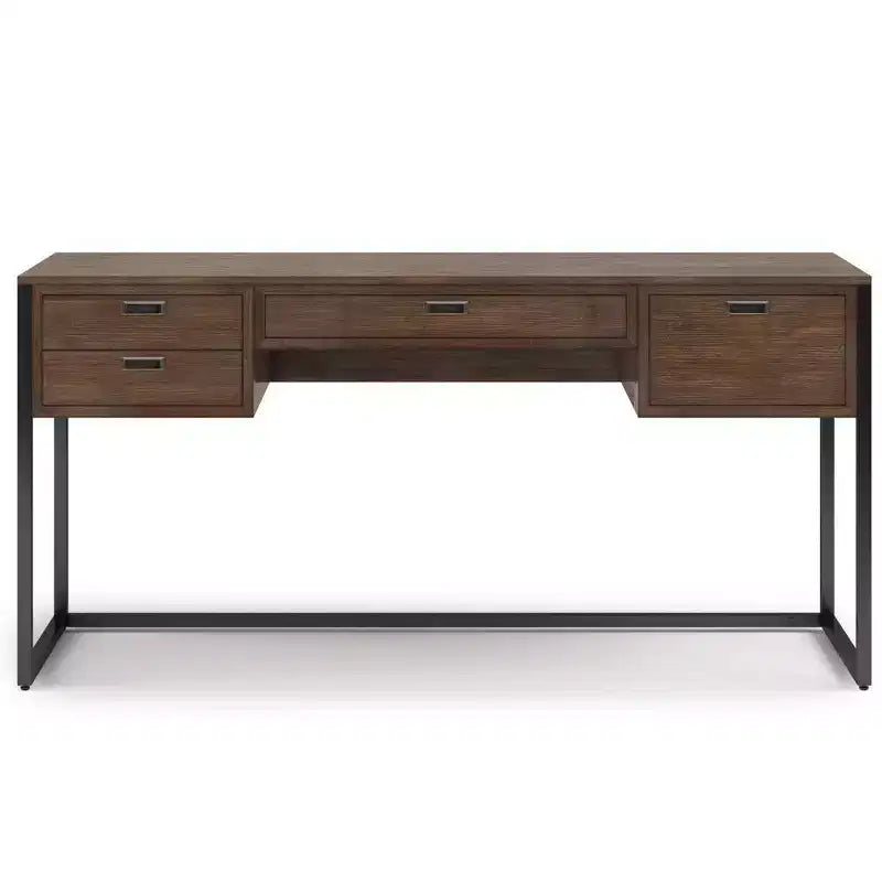 Escritorio Brandt Rústico Marrón Natural Envejecido: Muebles de Oficina con Herrajes de Bronce, Contrachapado y Estructura de Metal