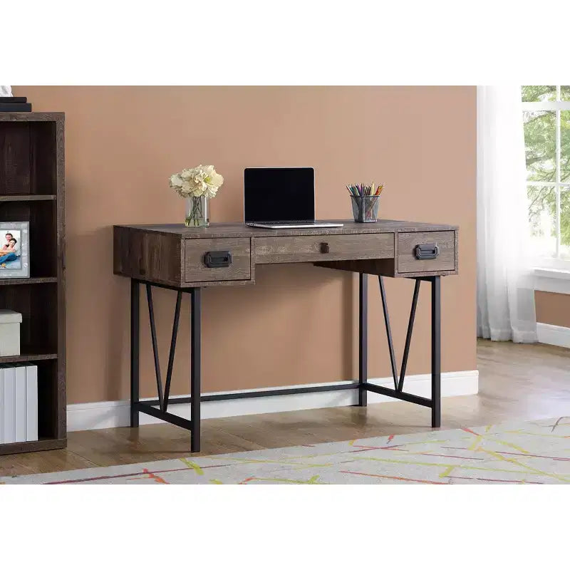 Monarch Specialties Laptop Table with Drawers-Industrial Style-Metal Legs Computer Desk Home & Office, 48 L, Brown Reclaimed Wood Look